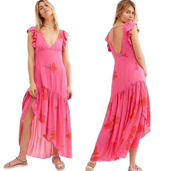 Free People Tropical Hawaiian Hibiscus Hot Pink Floral Maxi Dress Size 0 XS - Picture 4 of 15